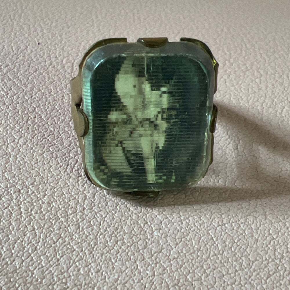 Vintage Adjustable Brass Ring with Rectangular Lenticular Portrait Cabochon
